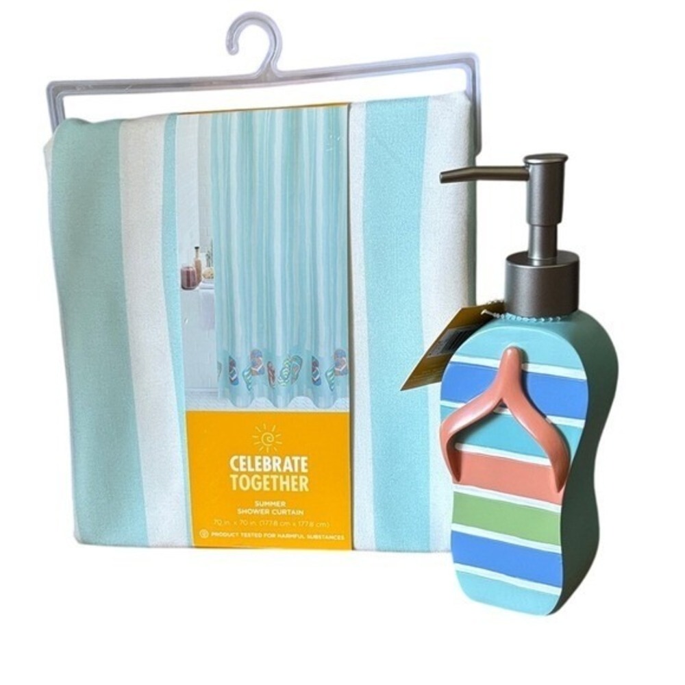 Celebrate Together Fabric Summer Flip Flop Shower Curtain & Soap Pump 70in NEW